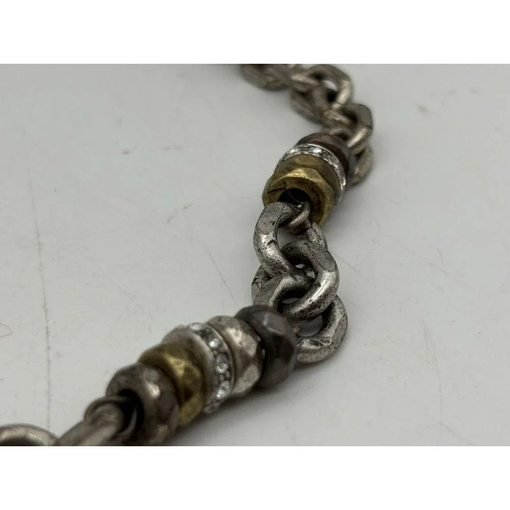Fossil Silver Tone Chain Necklace Key Heart Charm Mixed Metal Rhinestone 18”